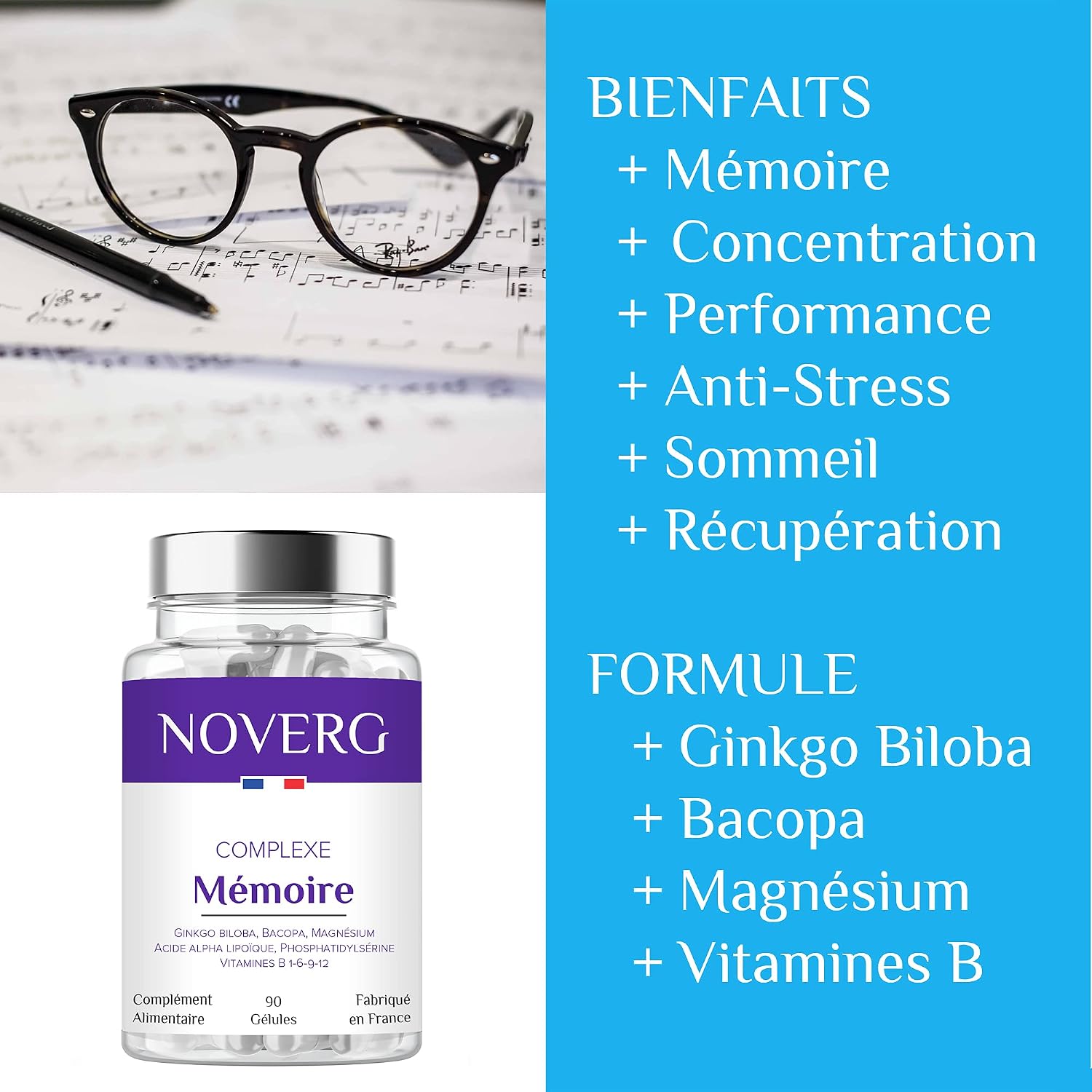 Mémoire & Concentration - Maintien la Mémoire et préserve la Fonction Cognitive - Ginkgo biloba, Bacopa, Magnésium - Sans caféine et Sans stimulant - Vegan - 90 Gélules - 30 Jours - Fabriqué en France