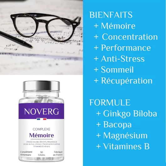 Mémoire & Concentration - Maintien la Mémoire et préserve la Fonction Cognitive - Ginkgo biloba, Bacopa, Magnésium - Sans caféine et Sans stimulant - Vegan - 90 Gélules - 30 Jours - Fabriqué en France