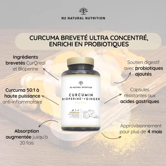 Curcuma CurQreal® 10.000 mg Par Gélule - Avec Probiotique Flore Intestinale - 4 Mois - 1 Gélule/Jour - Curcuma Gélules 70% Curcumine - Anti Inflammatoire - Poivre Noir BioPerine® - N2 Natural Nutrition Curcuma + Probiotiques