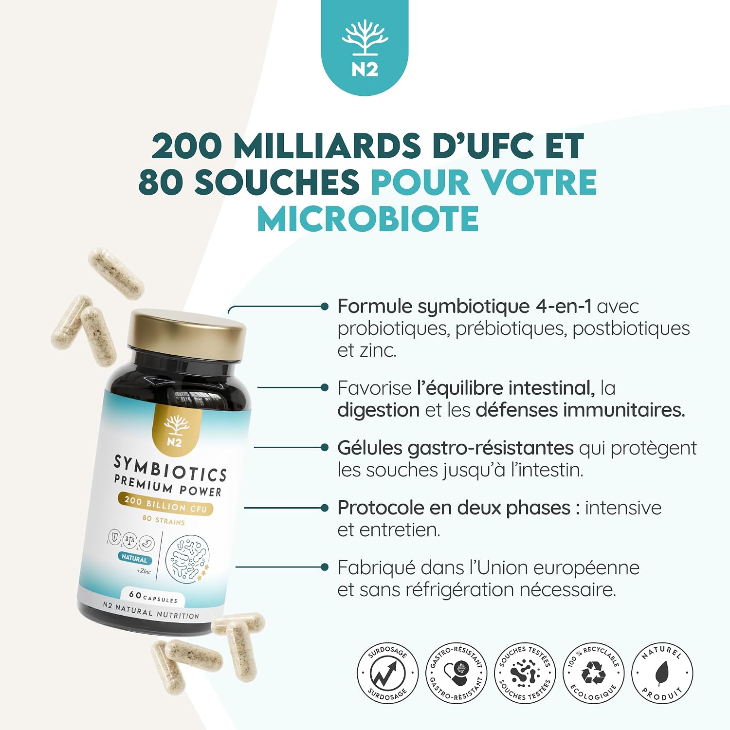 Probiotique Flore Intestinale 200 milliards d'UFC par dose, 80 souches Symbiotics 200B