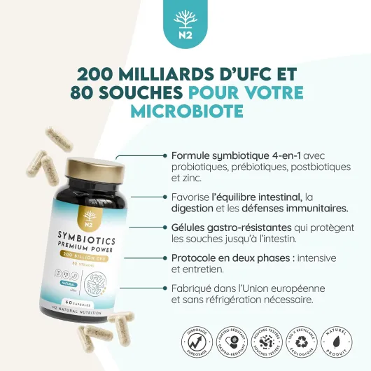 Probiotique Flore Intestinale 200 milliards d'UFC par dose, 80 souches Symbiotics 200B