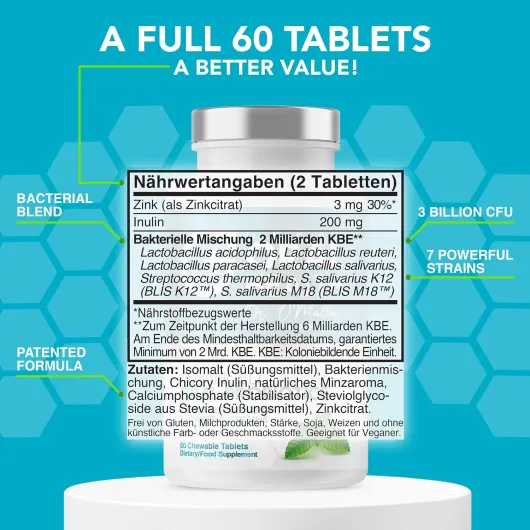 Great Oral Health Supplément utilisé pour le bain Respiration Gomme Maladie Aide immunitaire Pierres d'amygdale et plus Tous les ingrédients naturels Sans gluten et lactose Mélange de force de sept Menthe 60 unité (Lot de 1)