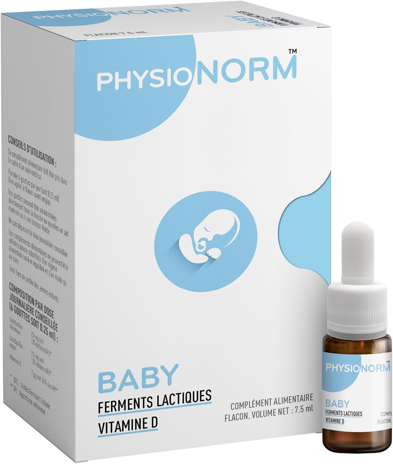 Physionorm™ Baby - Complément alimentaire - Probiotiques + Prébiotiques + Vitamine D - Coliques et Eczéma du nourrisson - 1 mois de cure