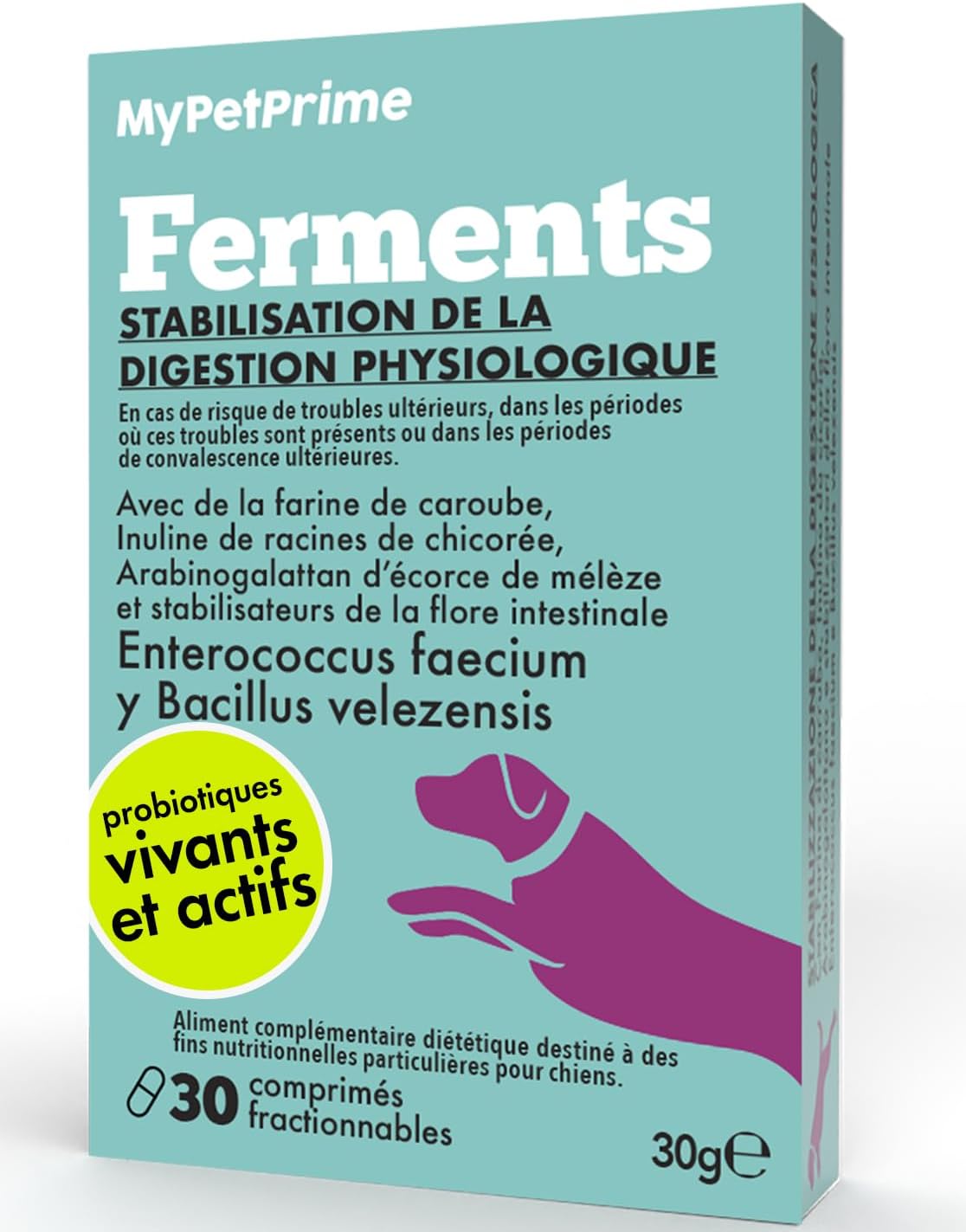 Ferments Lactiques Chien 6,5M UFC - 30 CPR Probiotiques Digestifs pour Chiens avec inuline - Favorise l'équilibre intestinal et Restauration Flore bactérienne, Soutien Appareil digestif