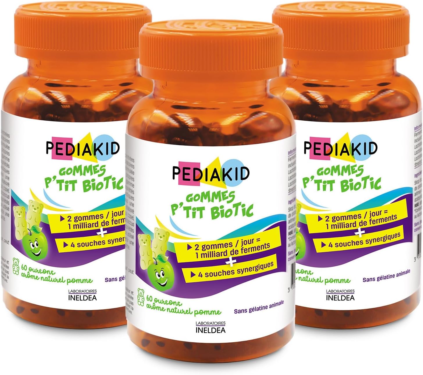 Gommes P'tit Biotic - Formule Naturelle au Délicieux Arôme de Pomme - Contribue à Enrichir la Flore Intestinale - Soutient les Défenses de l'Organisme - Lot de 3 piluliers
