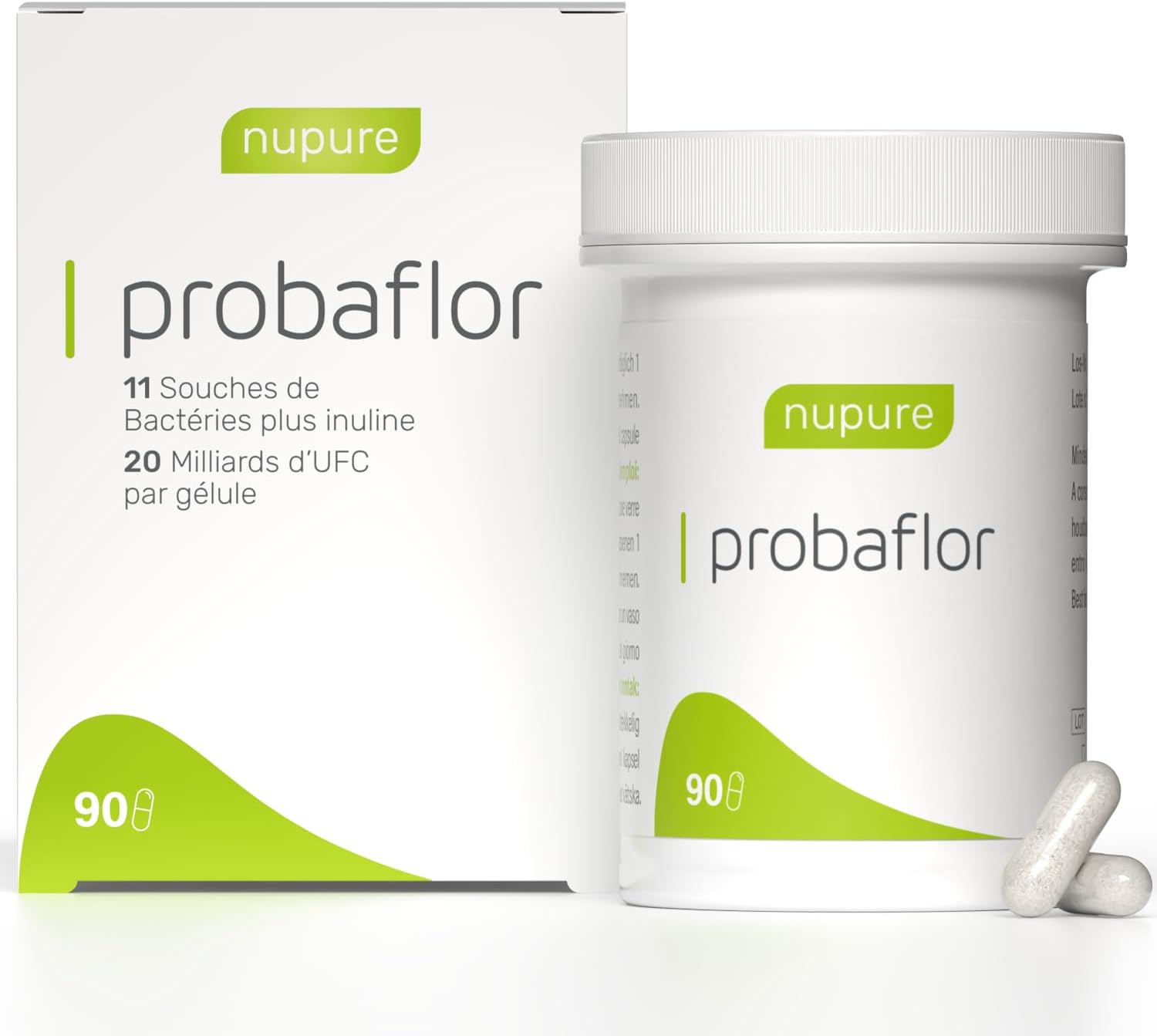 Nupure® Probiotique Probaflor 90 gélules, 20 milliards UFC, 11 souches bactériennes spéciales breveté, avec Prebiotique Inuline per la flore intestinale, mieux protégées grâce à un contenant spécial.