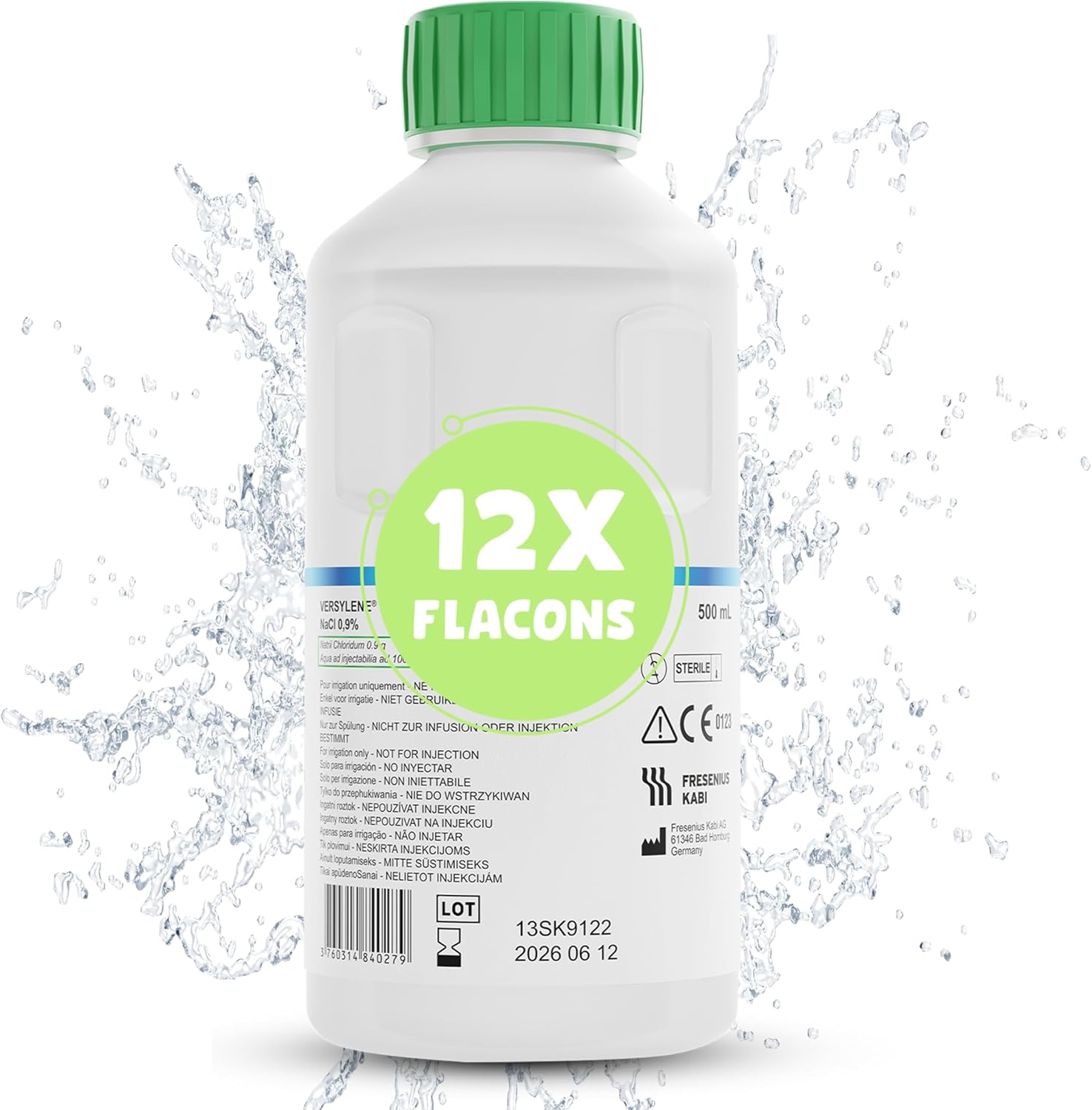Sérum physiologique bouteille stérile - Lavage nez bébé enfant adulte - Nacl 0,9% - Solution saline - Rhume - Flacon 500ml - Quantité 12 - Utilisation maternité sage femme et famille- FRESENIUS