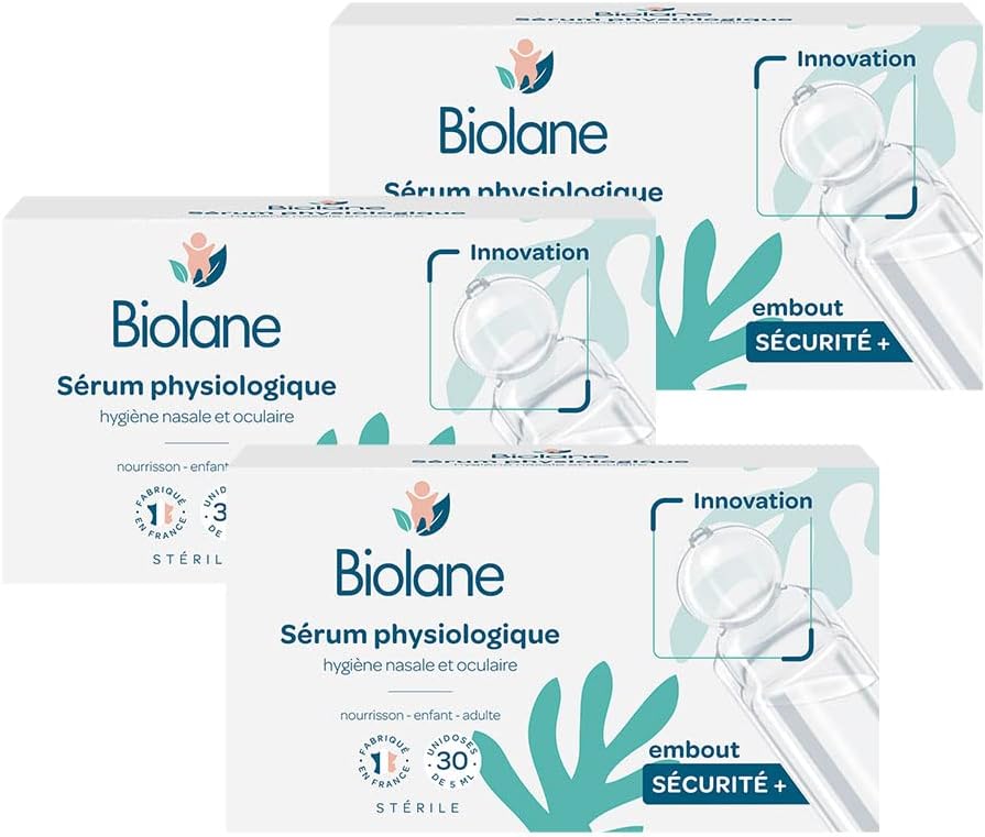Lot de 3 Sérum Physiologique - Bébé - Nettoie le nez et les yeux - Dès la naissance - Embout rond sécurité - 90 Unidoses - Fabriqué en France