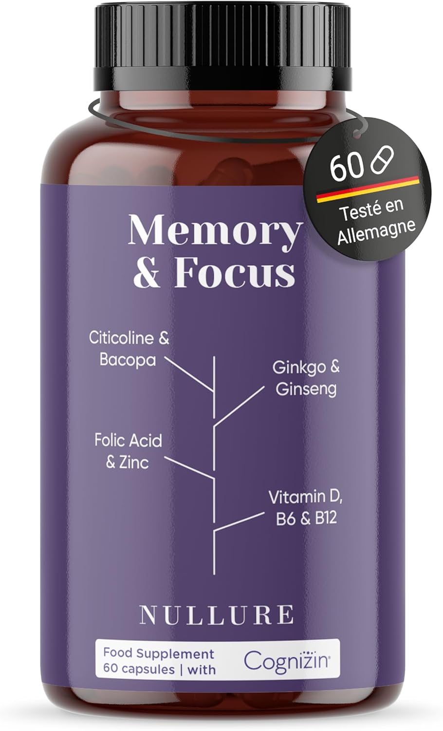 Nullure Nootropique Mémoire et Concentration - Stimulant Cognitif · Énergie · Vivacité Mentale - Citicoline COGNIZIN + Ginkgo Biloba 6000mg + Bacopa Monnieri + Ginseng + Zinc - Sans Caféine - 60 cps.