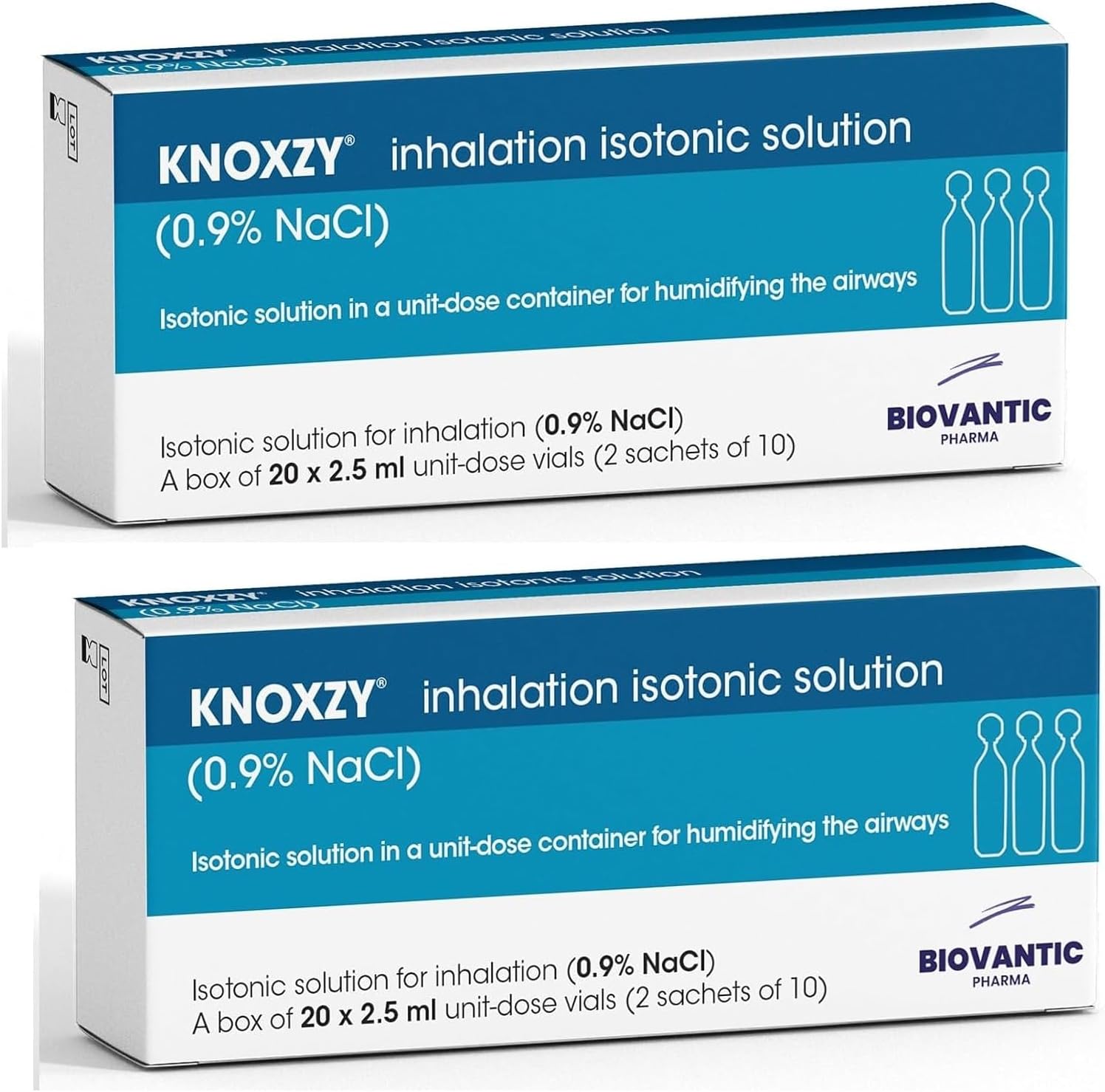 KNOXZY Solution saline isotonique stérile 0,9% - Chlorure de sodium NaCl - Solution saline pour inhalation pour humidifier les voies respiratoires - 20 flacons de dose unitaire de 2,5 ml (lot de 2)