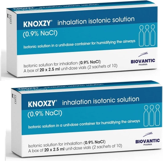KNOXZY Solution saline isotonique stérile 0,9% - Chlorure de sodium NaCl - Solution saline pour inhalation pour humidifier les voies respiratoires - 20 flacons de dose unitaire de 2,5 ml (lot de 2)