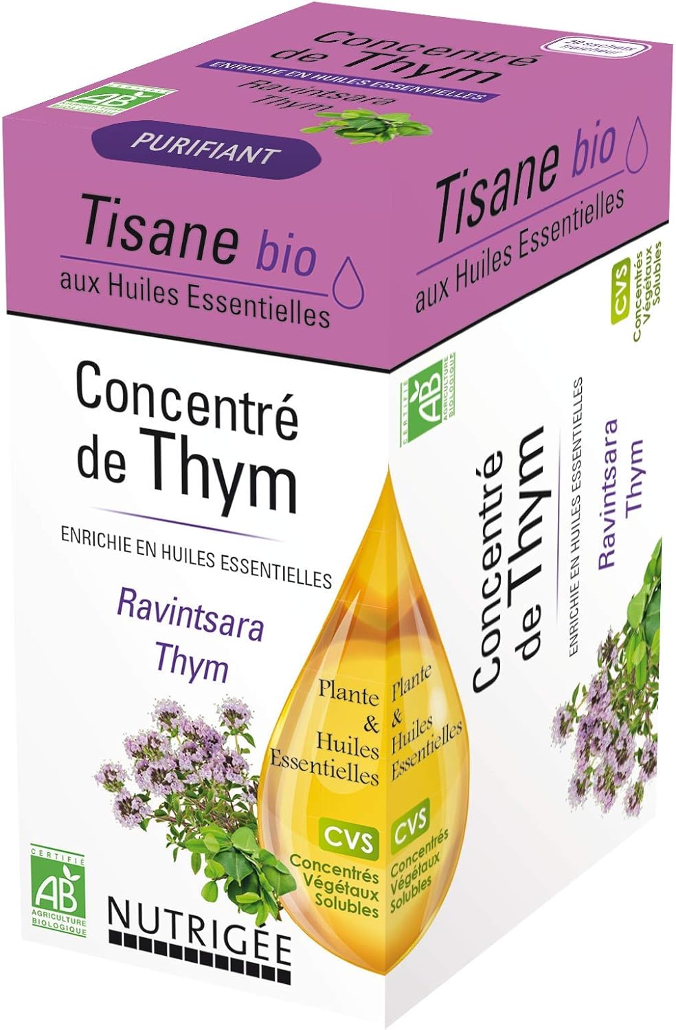 Tisane Concentré De Thym Bio - Lutte Contre Les Affections Respiratoires & Intestinales - Purifie - Concentrés Végétaux Solubles - Huile Essentielle De Ravinstara & De Thym - 20 Sachets