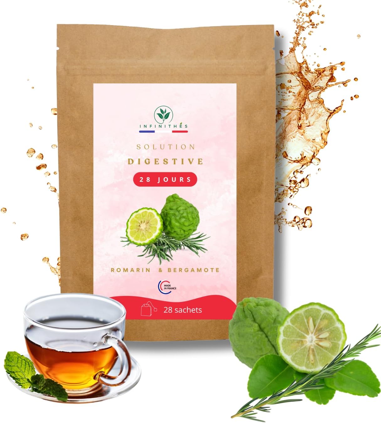 Infinithés –Solution Digestive - Thé Digestif - Cure 28 Jours - Confort Intestinal, Digestion Légère, Anti-Ballonnement - 28 Sachets Biodégradables - Marque Française -100% Naturel
