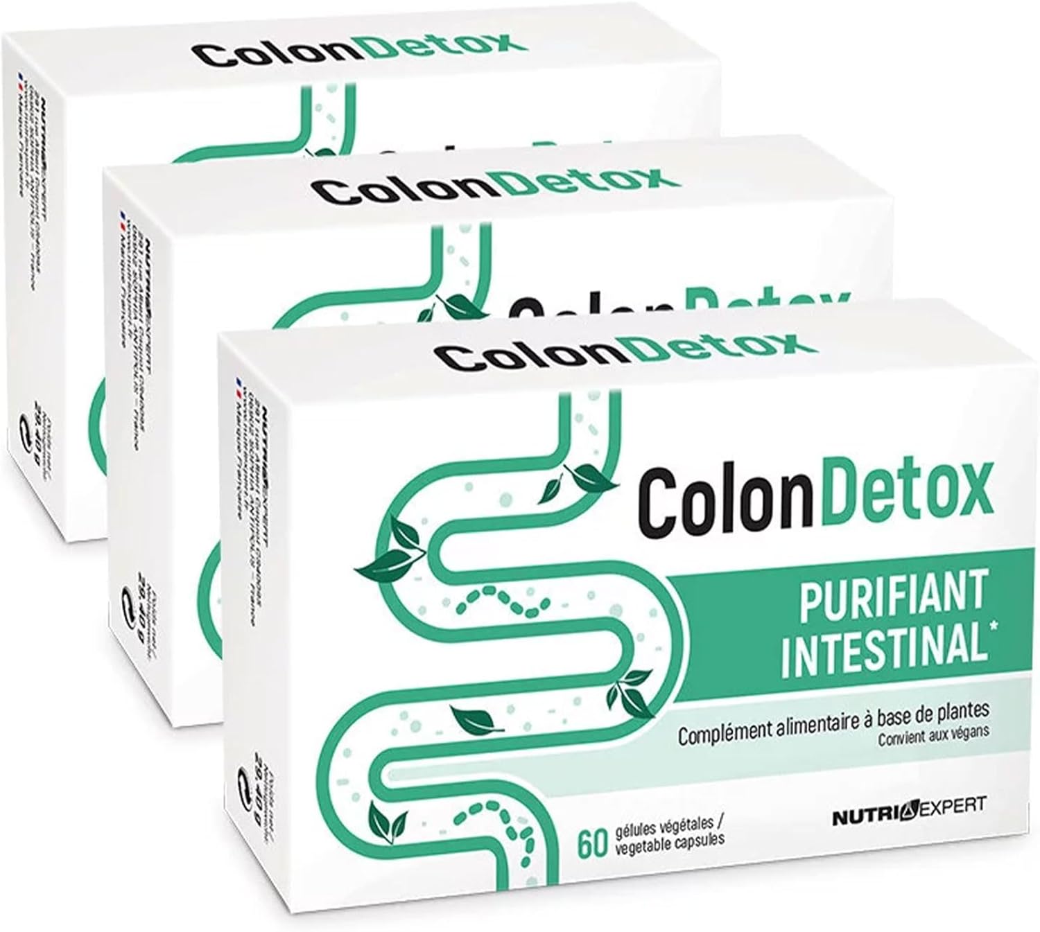 Colon Detox - Complément alimentaire à base de plantes - Purifie et détoxifie le côlon - Sans ingrédients d'origine animale - Vegan - 60 gélules - Fabriqué en France - Lot de 3 produits
