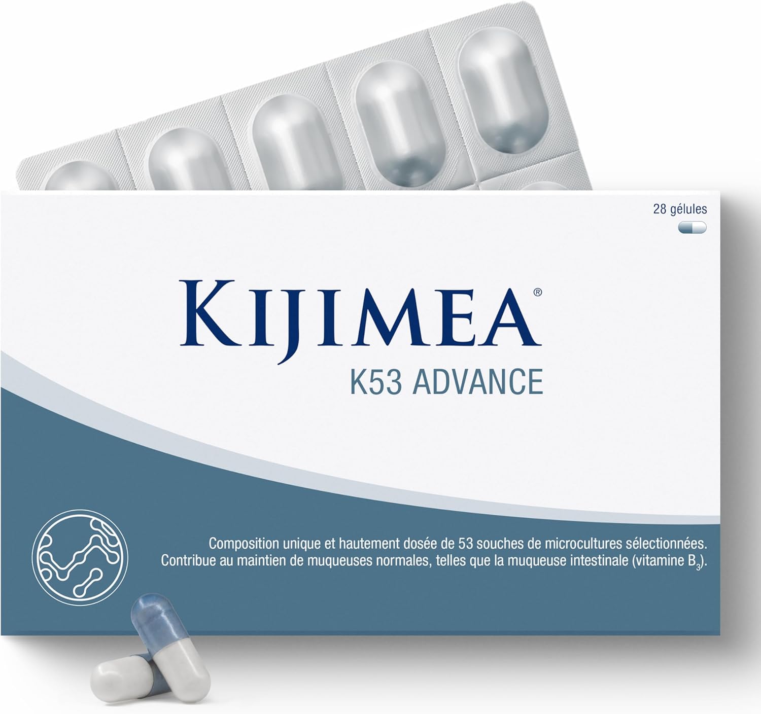 Kijimea® K53 Advance – Gélules de bactéries intestinales à haut dosage - 53 souches de microcultures sélectionnées dans la flore intestinale - avec biotine - >500 milliards d’UFC par boîte 28 gélules