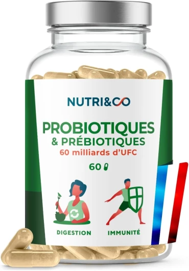 NUTRI & CO Probiotique Flore Intestinale - 60 Milliards UFC/jour - 9 Souches dont 2 Lactobacillus Brevetées - 60 Gélules Gastro-Résistantes aux Enzymes Digestives - Conditionné en France