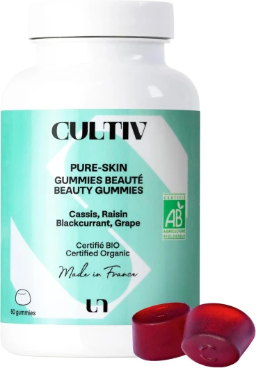 Cosmétique - PURE-SKIN Complément alimentaire peau nette - Efficacité prouvée - Peau saine, éclatante, sans imperfection - Zinc, Ortie, Antioxydants - Bio & Vegan - Made in France - 60 Gummies