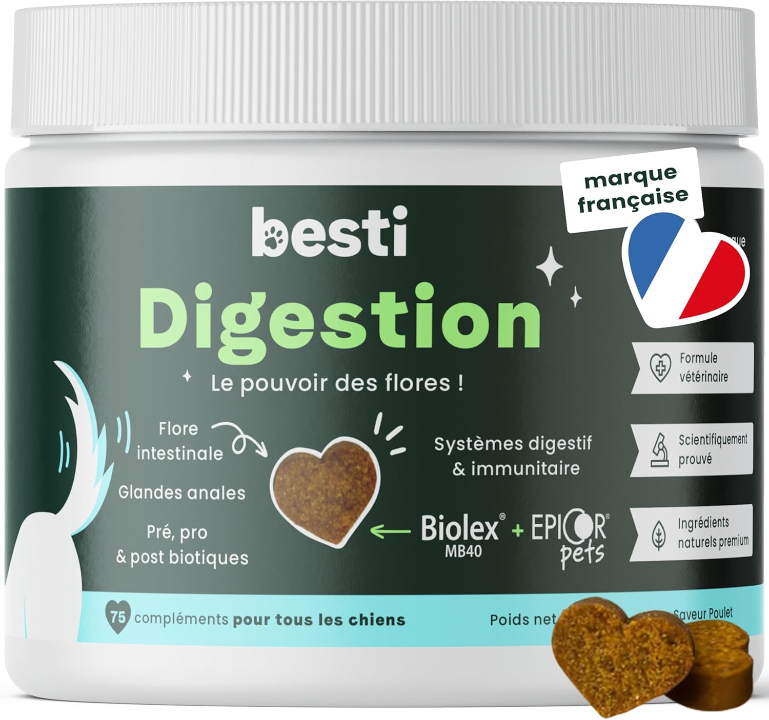 Digestion - 75 Compléments Alimentaires Premium pour Chiens - Probiotiques, Prébiotiques, Postbiotiques - Flore Intestinale - Marque Française - Formule Vétérinaire - Au Poulet - 300 GR