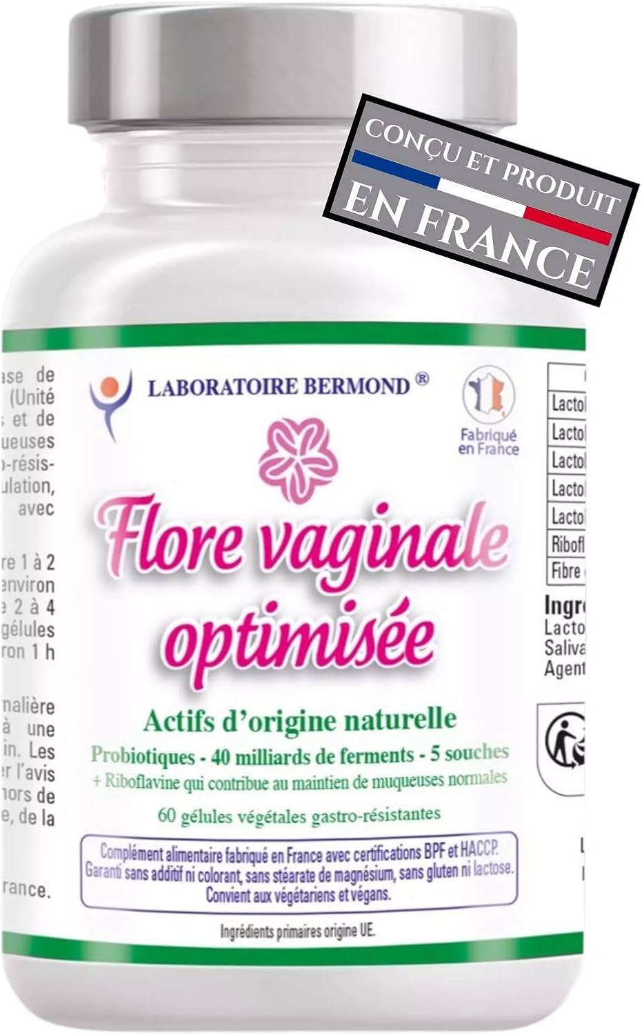 Probiotique flore intime vaginale - Ferments lactiques 40 milliards UFC en 5 souches Lactobacillus - Enzymes digestives - Fabriqué en France - 60 gélules végétales gastro résistantes - naturel Vegan