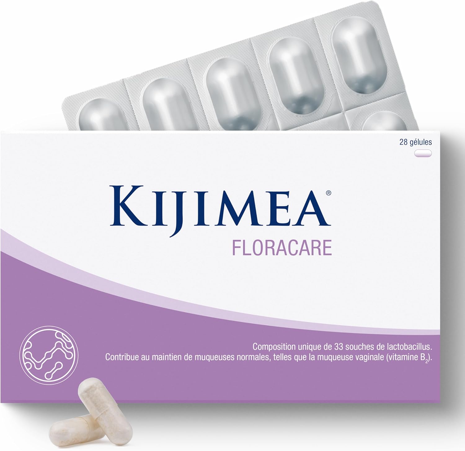 Kijimea FloraCare – inspiré par le microbiome vaginal naturel - 33 souches spécifiques de lactobacilles,à une dose particulièrement élevée + vitamines B2, B3, B7 et zinc - 28 gélules