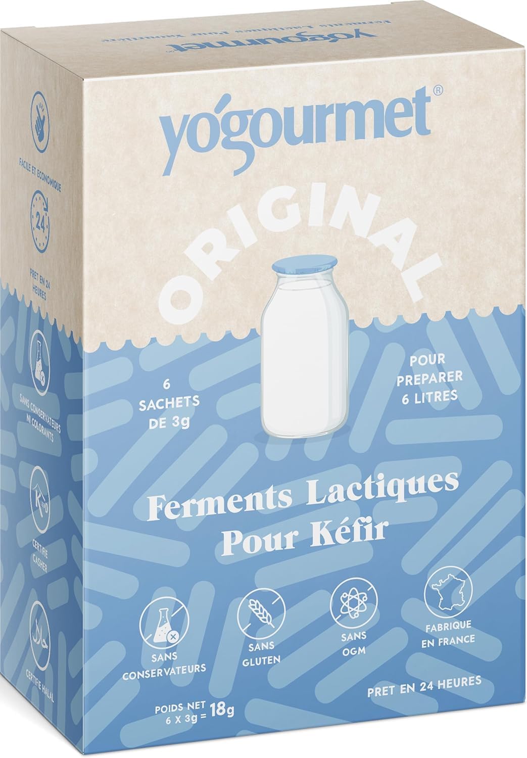 Ferments Kefir (6 Sachets = 6 Litres) - Faites du kéfir à la maison - Naturel, sans gluten, casher, halal