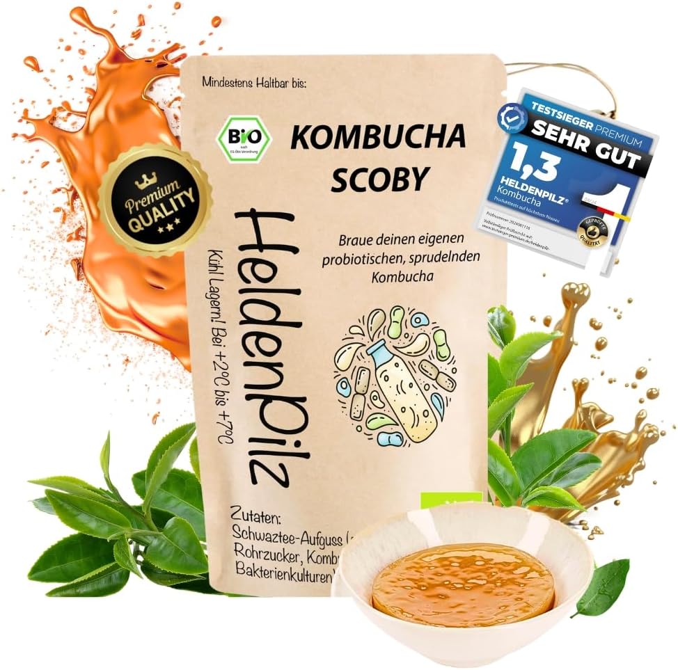 HeldenPilz® Champignon à thé bio Kombucha – Scoby vital et puissant avec liquide de racine - Pour jusqu'à 6 l de kombucha - Garantie de succès et instructions - 100 % naturel, durable et sans