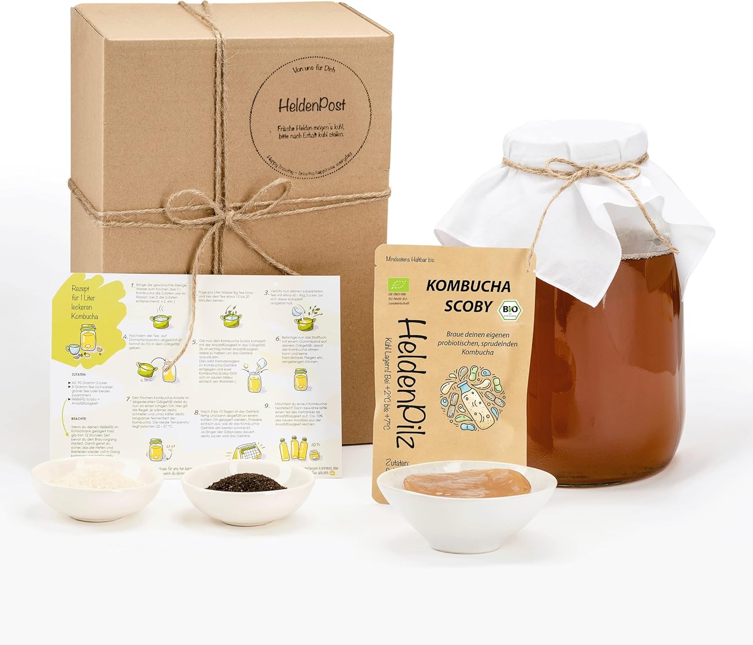 HeldenPilz® - Organic Kombucha Scoby - Thé en croissance - Skoby + liquide de racine + cadeau - Fabrication jusqu'à 6 litres - Ingrédients 100 % naturels - Emballage bio durable et sans plastique