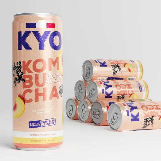 Lot de 8 Canettes 33cl Kombucha Pêche Baies de Sureau bio - Pétillant - faible en sucre - sans alcool et artisanal