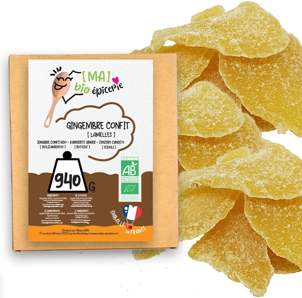 [MA] bio-épicerie - Gingembre confit BIO en lamelles - 940G - Sachet vrac - Certifié biologique - Fruit confit de qualité supérieure - Sans conservateur