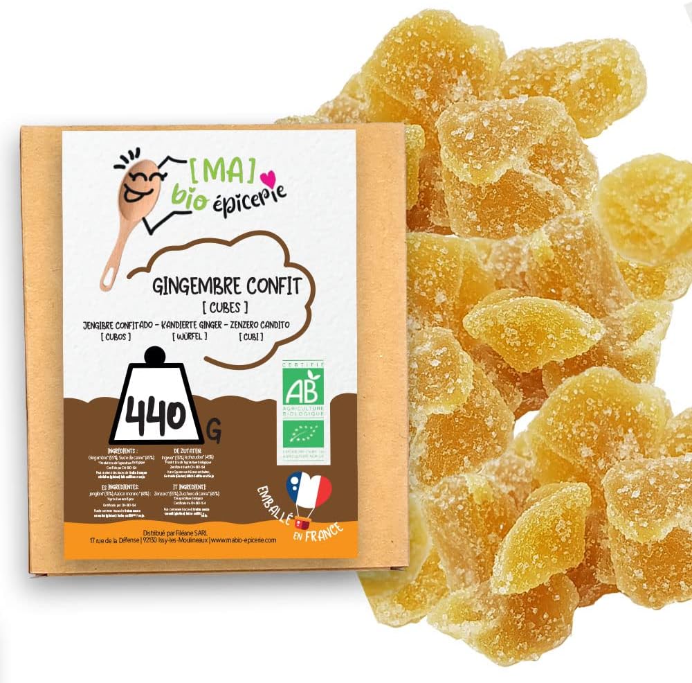 [MA] bio-épicerie - gingembre confit BIO en cubes - 440G - Sachet vrac - Certifié biologique - fruits confits - Sans conservateur