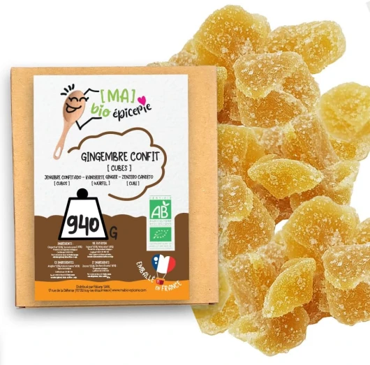 [MA] bio-épicerie - Gingembre confit BIO en cubes - 940G - Sachet vrac - Certifié biologique - Fruit confit - Sans conservateur