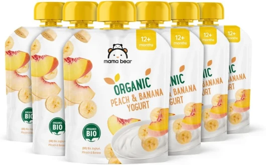 Marque Amazon - Mama Bear Yaourt avec des Purées de Pêche et de Banane, Végétarien, 540g, 6 lot de 90g