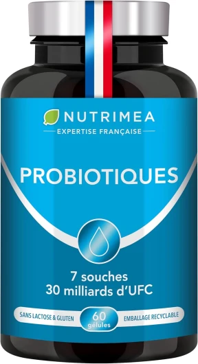 Probiotique Flore Intestinale - Complexe Ferments Lactiques avec Vitamine D - 7 Souches Brevetées - Jusqu'à 60 Milliards d'UFC/jour - 60 Gélules Vegan - Nutrimea - Fabriqué en France