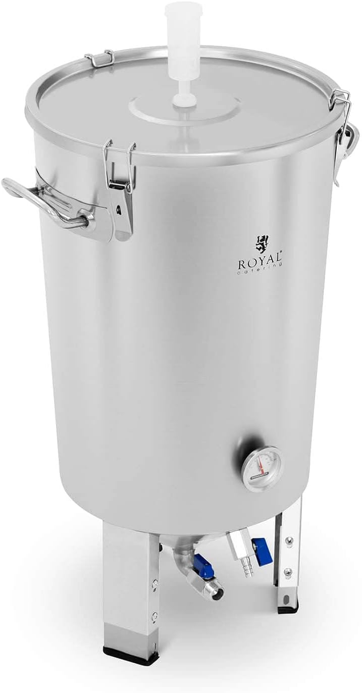 Cuve De Fermentation Fermenteur Bière Conique RCBM-44CF (30 litres, Thermomètre : °C / °F, 2 poignées, Robinet à Bille et Soupape, Orifice Barboteur, INOX)
