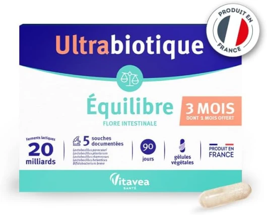 Vitavea Ultrabiotique Equilibre - Complément alimentaire flore intestinale - Probiotiques - 20 milliards de ferments lactiques - 5 souches documentées - 90 gélules - 3 mois - Fabriqué en France
