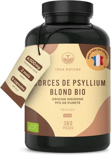 Psyllium Blond BIO - Téguments purs à 99% - 4.500mg /jour, 360 Gélules - Digestion Saine & Fonction Intestinale - Riche en Fibres - Vegan - Sans: Additifs, Gluten & Lactose - TRUE NATURE