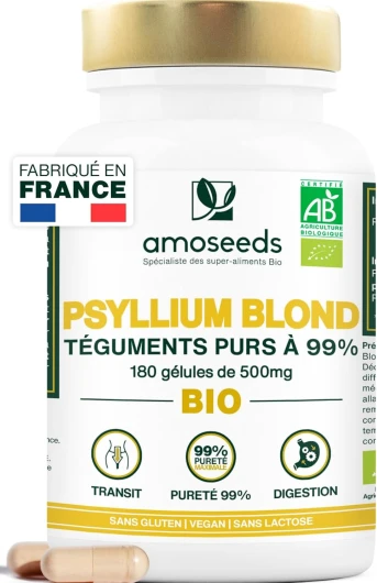 Psyllium Blond BIO, Téguments purs à 99% - 3000mg par jour - 180 gélules de 500mg - Transit, Digestion, Cœur - Qualité Supérieure