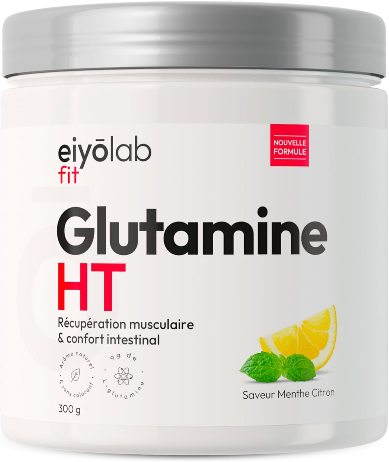 Glutamine HT - Poudre 100% Pure de L-Glutamine - 300 g - Récupération Musculaire et Santé Intestinale - 30 Portions de 10g - Acide Aminé Vegan et Sans Excipients - Goût Menthe Citron - Eiyolab Menthe citron 300 g