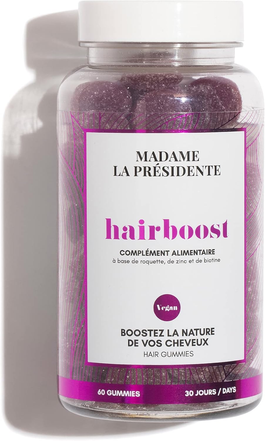 Madame La Présidente - Hairboost - Compléments alimentaires Cheveux - Accélère la Pousse - Tous Types de Cheveux - Gummies Vegan - Avec Biotine, Zinc, Vitamine B8 et Roquette - 60 Gummies