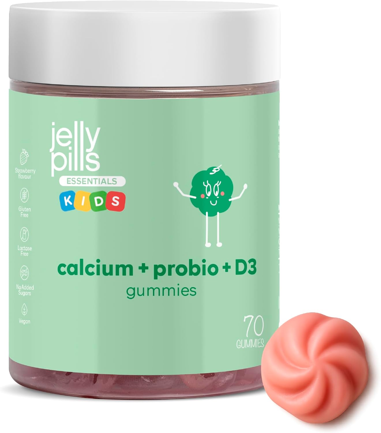 Gummies Calcium Enfants + Probiotiques & Vitamines D3 et K2 – 70 Gummies Véganes – Sans Sucres Ajoutés – Goût Fraise – Soutien pour les Os & les Dents