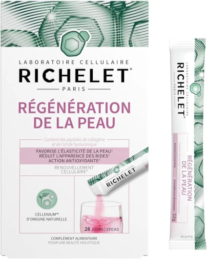RICHELET® - Régénération de la Peau stick - Complément Alimentaire Peau – Peptides de Collagène, Acide Hyaluronique et CELLENIUM TM – 1 stick/jour - 28 jours – goût fraise-kiwi