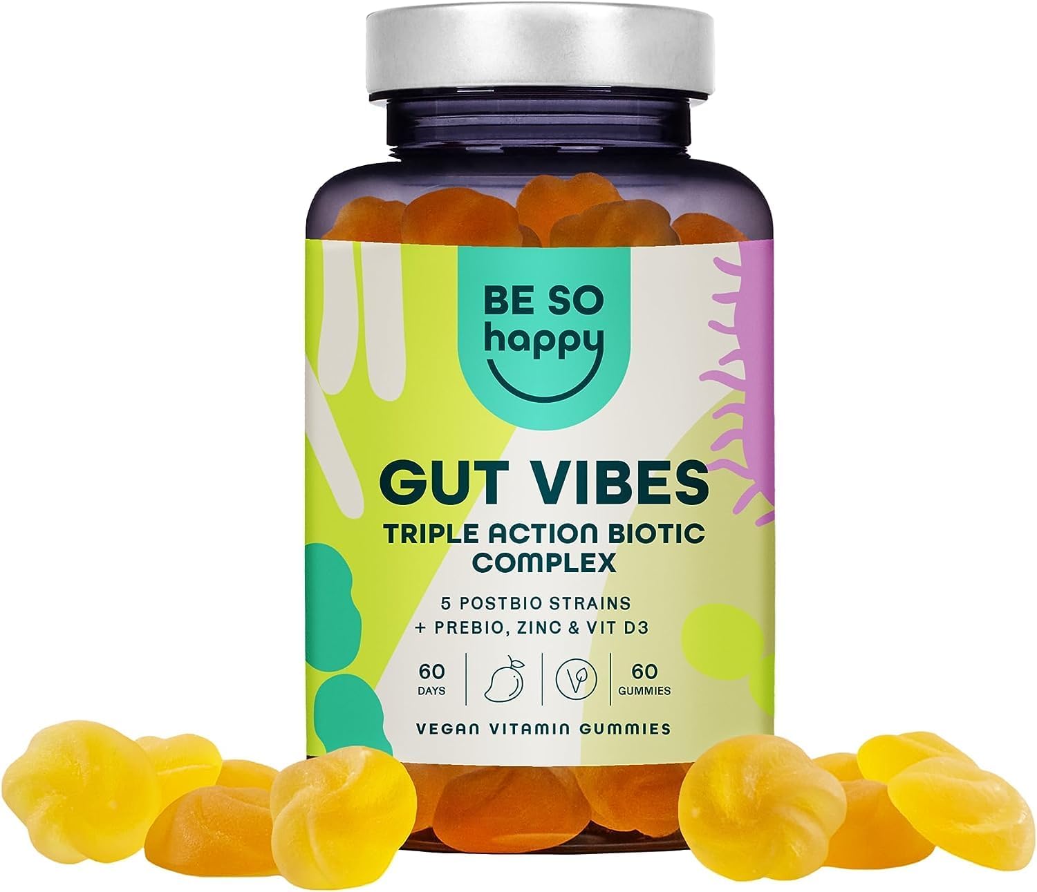 Prébiotiques et Postbiotiques Intestinaux - 60 Gummies - Pour la Flore Intestinale et la Digestion - Complexe Biotique avec Zinc et Vitamine D3 - Végétalien, sans Gluten et sans Lactose