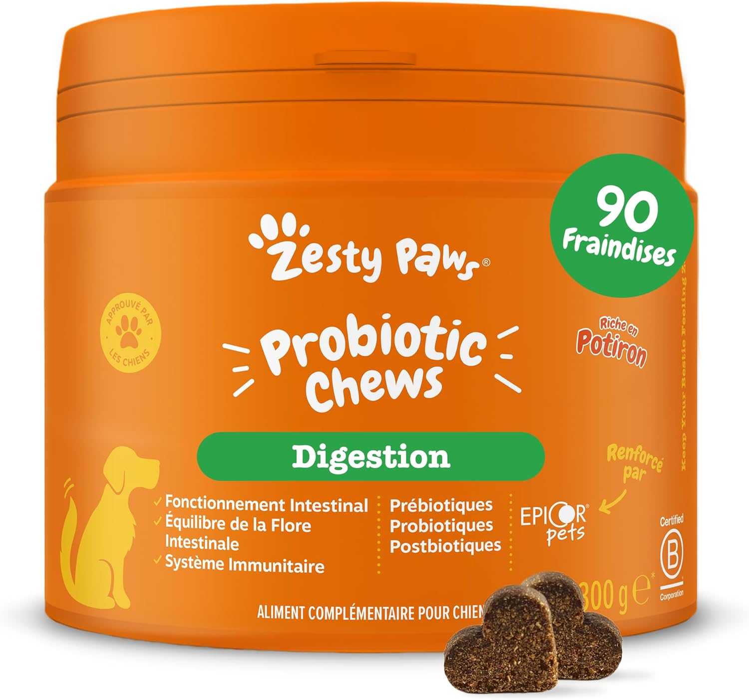 Probiotic - Complément pour Chien sous Forme de friandise - Probiotique Chien - Système Immunitaire - Combinaison inédite prébiotiques, probiotiques et postbiotiques - 90 Unités Citrouille