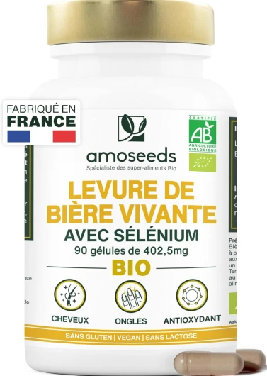 Levure de Bière Active BIO - Cheveux et Ongles - Levure Vivante, 1200mg / jour, Sans Gluten - Enrichie en Sélénium - 90 gélules vegan - Fabriqué en France - Qualité Supérieure