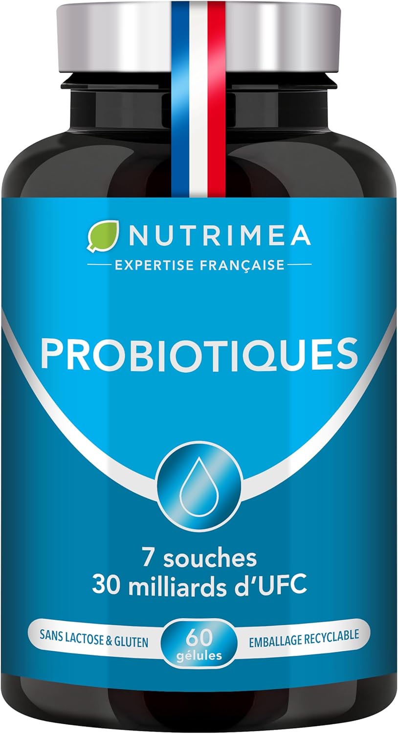 Probiotique Flore Intestinale - Complexe Ferments Lactiques avec Vitamine D - 7 Souches Brevetées - Jusqu'à 60 Milliards d'UFC/jour - 60 Gélules Vegan - Nutrimea - Fabriqué en France