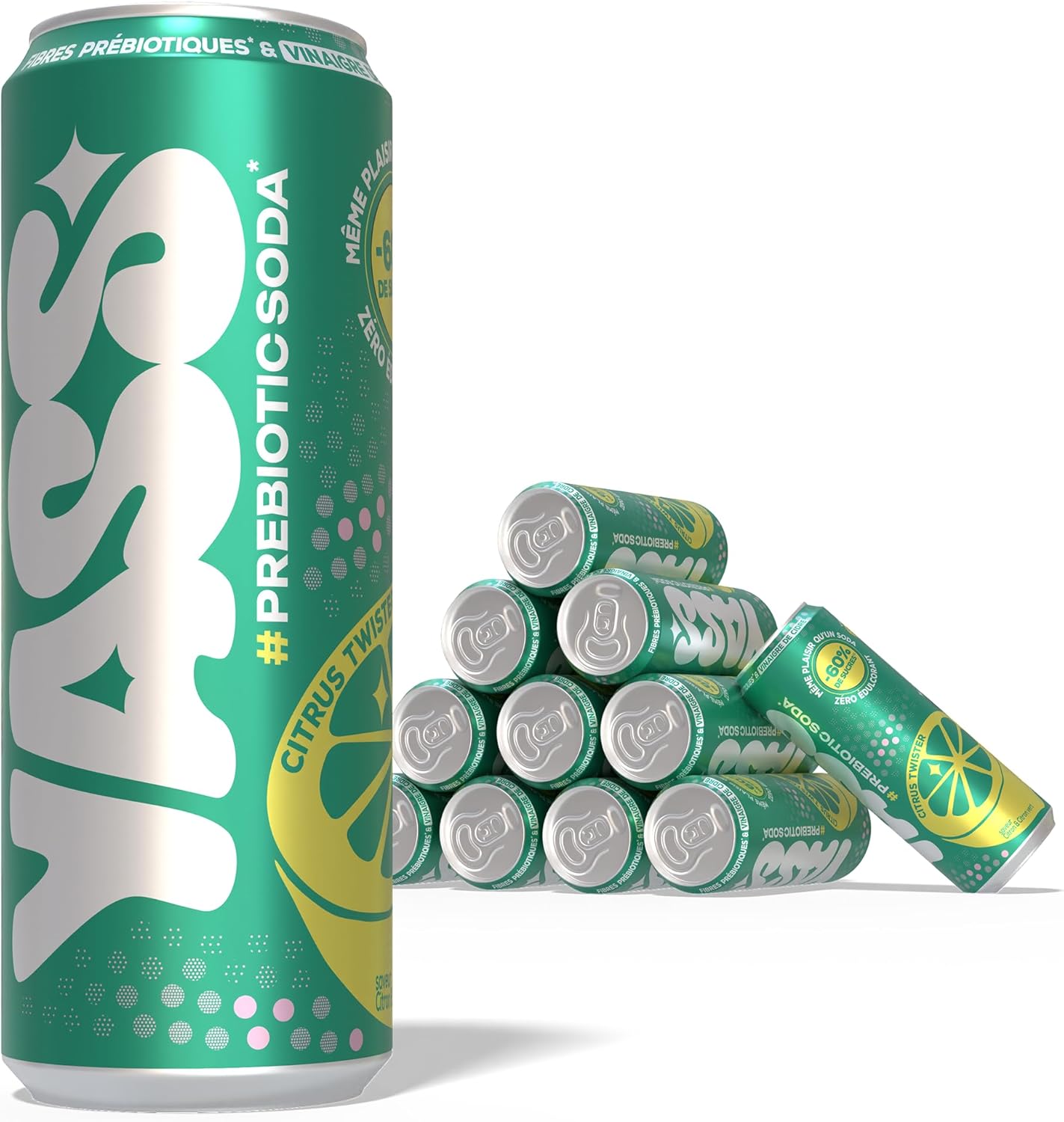 YASS Soda Prébiotique -Saveur CITRUS TWISTER - Le Soda Sain & Stylé qui Prend Soin de Ton Ventre 6.6g de Fibres et -60% de sucre-12 canettes de 33cl