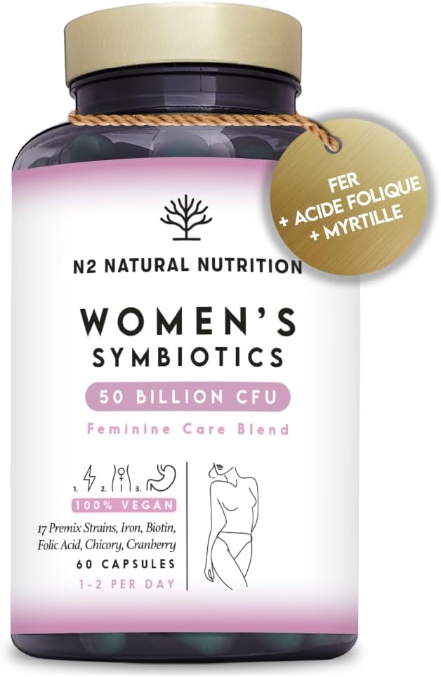 Probiotique Flore Intime et Flore Intestinale (50 Milliards UFC) avec Fer, Cranberry et Acide Folique - Santé Digestive, Vaginale, Urinaire et Hormonale - 60 Gélules - N2 Natural Nutrition Probiotique Femme