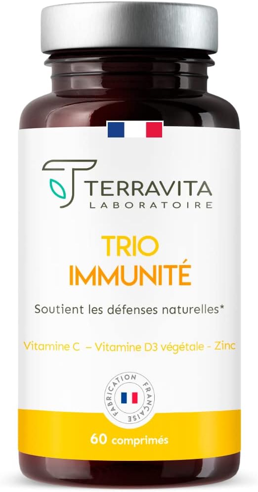 TRIO Immunité - Vitamine D3 + Vitamine C + Zinc Bisglycinate - Formule 3 en 1 Ultra Complète - Energie et Tonus - 60 Comprimés pour 2 mois de Cure - Made in France - Terravita