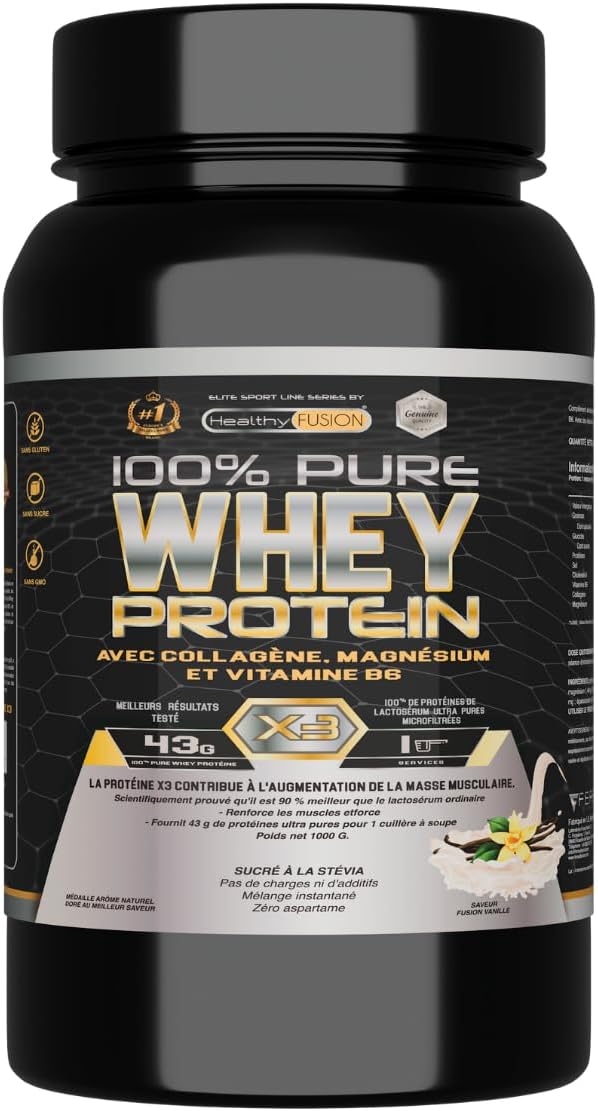 Healthy Fusion, Whey Protein - Protéine de petit-lait pure avec Collagène + Magnésium - Tonifie et développe la masse musculaire - Améliore vos entraînements - 1000g de protéines (vanille)