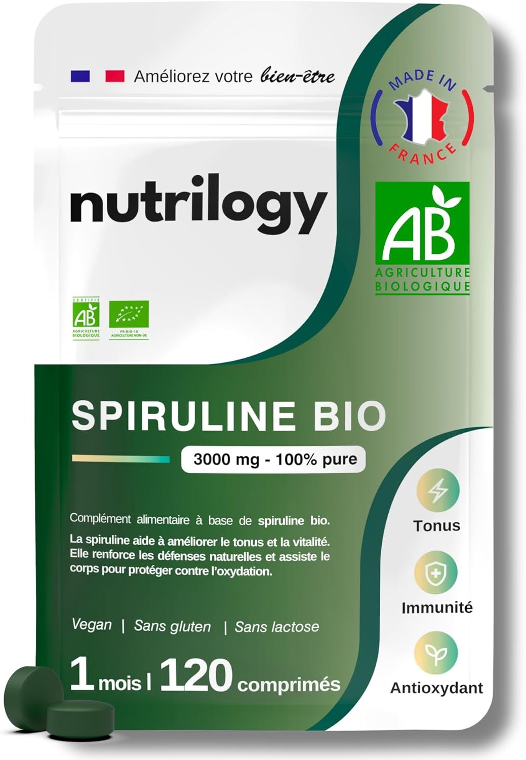 Spiruline Bio 3000mg 100% Pure & sans métaux lourds - Immunité, Tonus & Antioxydant - 1 mois - 120 comprimés - Riche en Fer & Protéines - Super Aliment Naturel & Fabriqué en France - NUTRILOGY